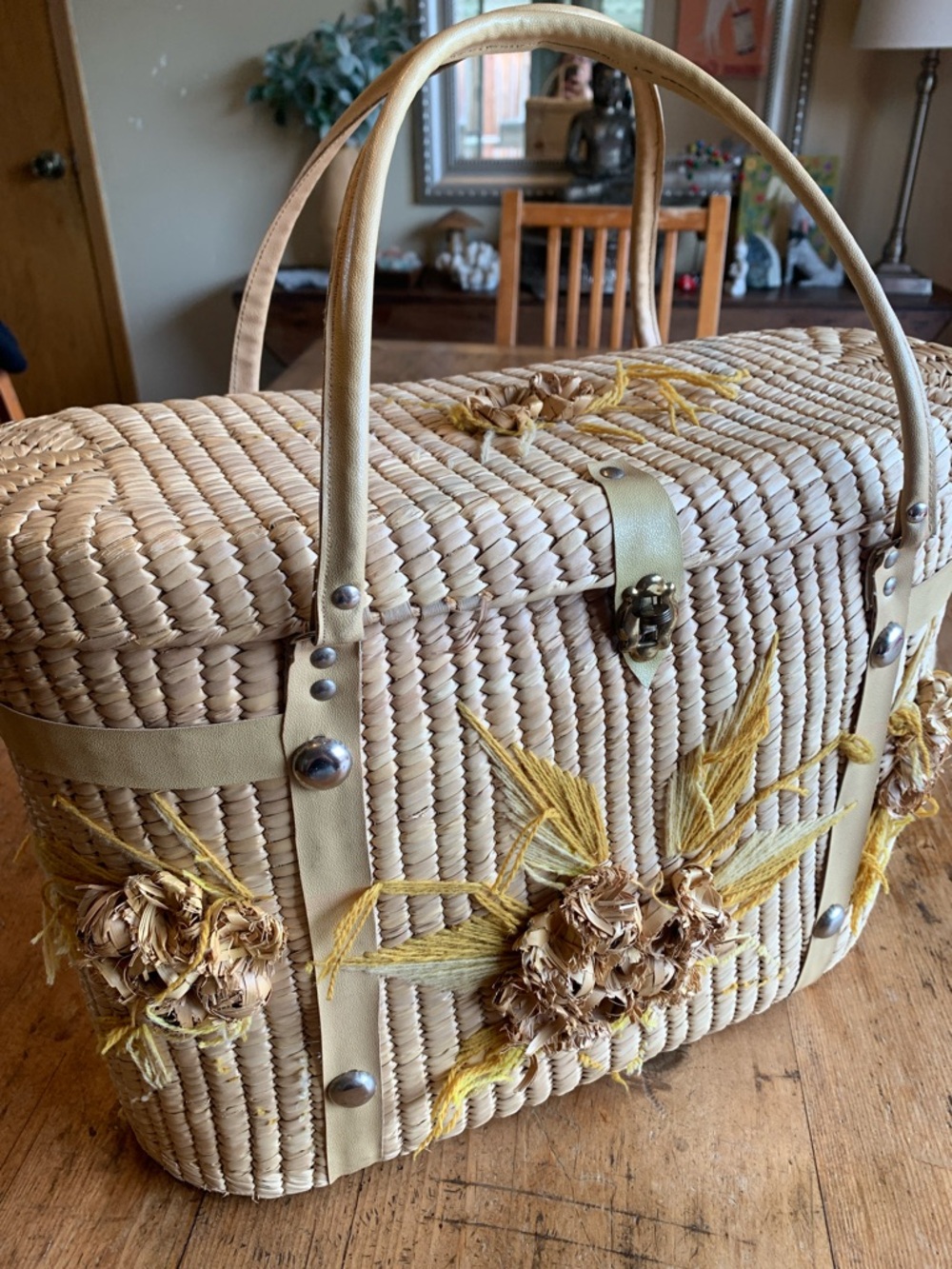 Vintage Woven Straw Tote with Yellow Floral Embroidery